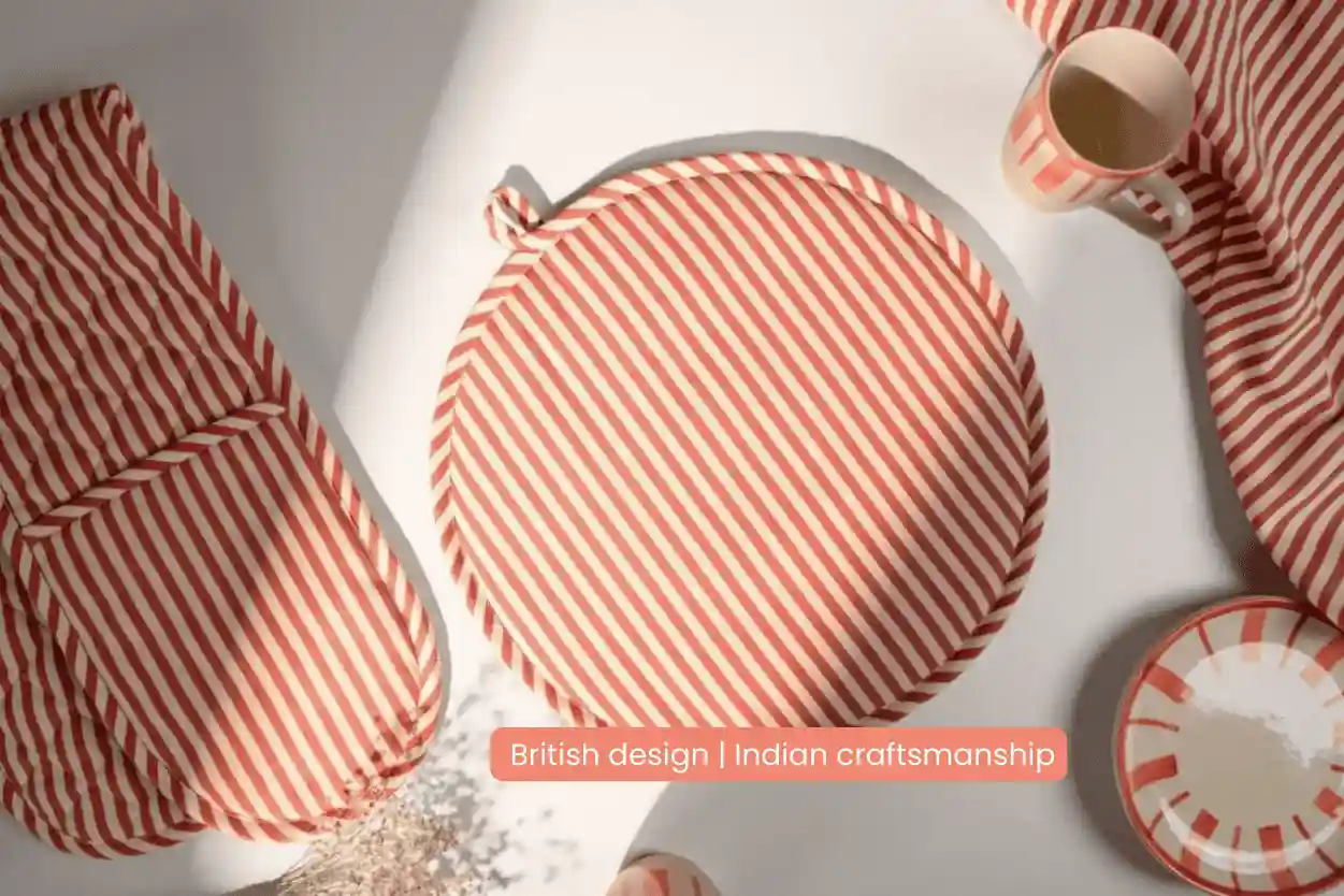 Striped 100% Cotton Double Oven Glove Heat Resistant with Hanging Loop | Beautiful Rose 