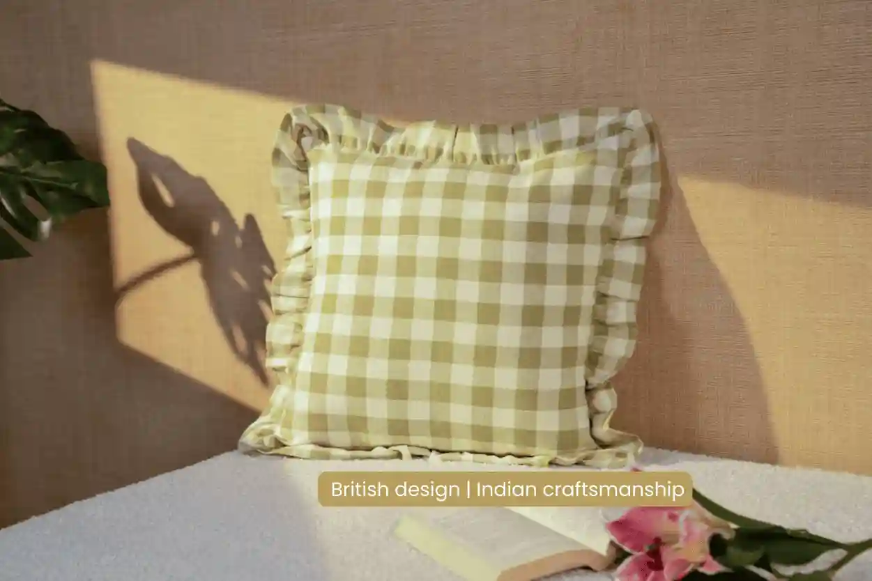 Checked Cotton Cushion Cover with Frill | Lively Green (with Pad) 