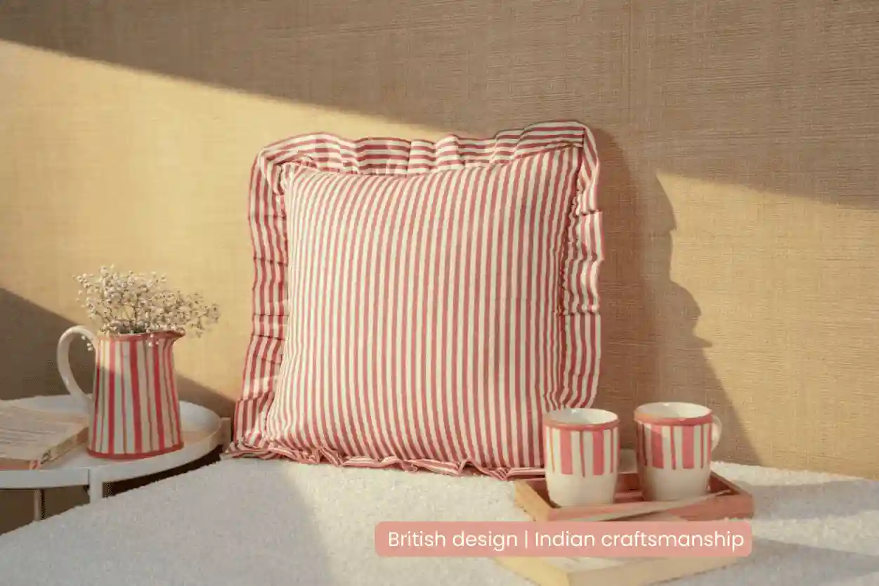 Striped Cotton Cushion Cover with Frill | Rose Pink (with Pad) 