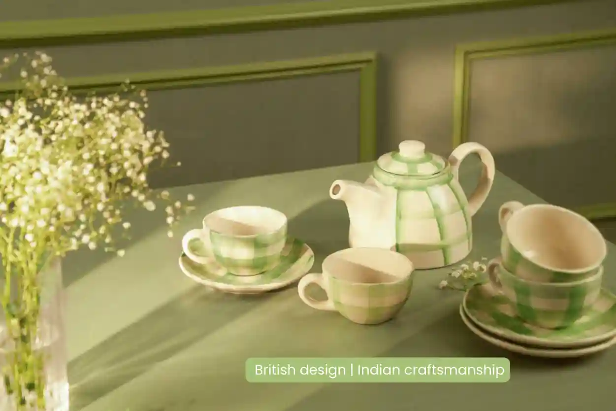 Checked 1,200ml Handmade & Hand Painted Stoneware Teapot | Lively Green 