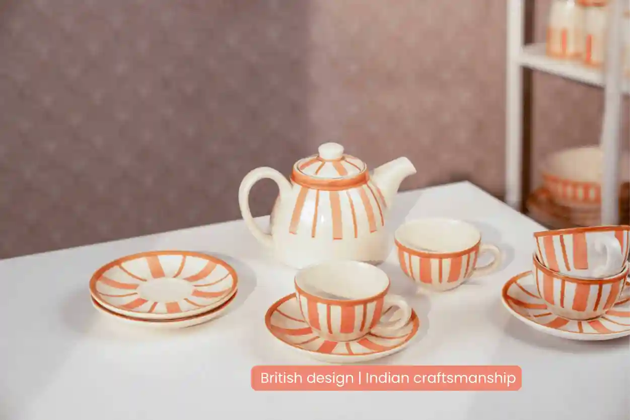 Striped 1,200ml Handmade & Hand Painted Stoneware Teapot | Beautiful Rose 
