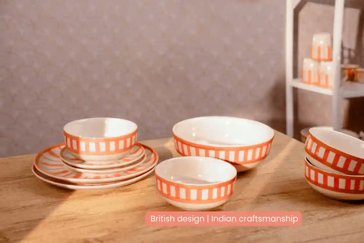 Striped Handmade & Hand Painted Stoneware Dinner Plates Set of 4 | Beautiful Rose 