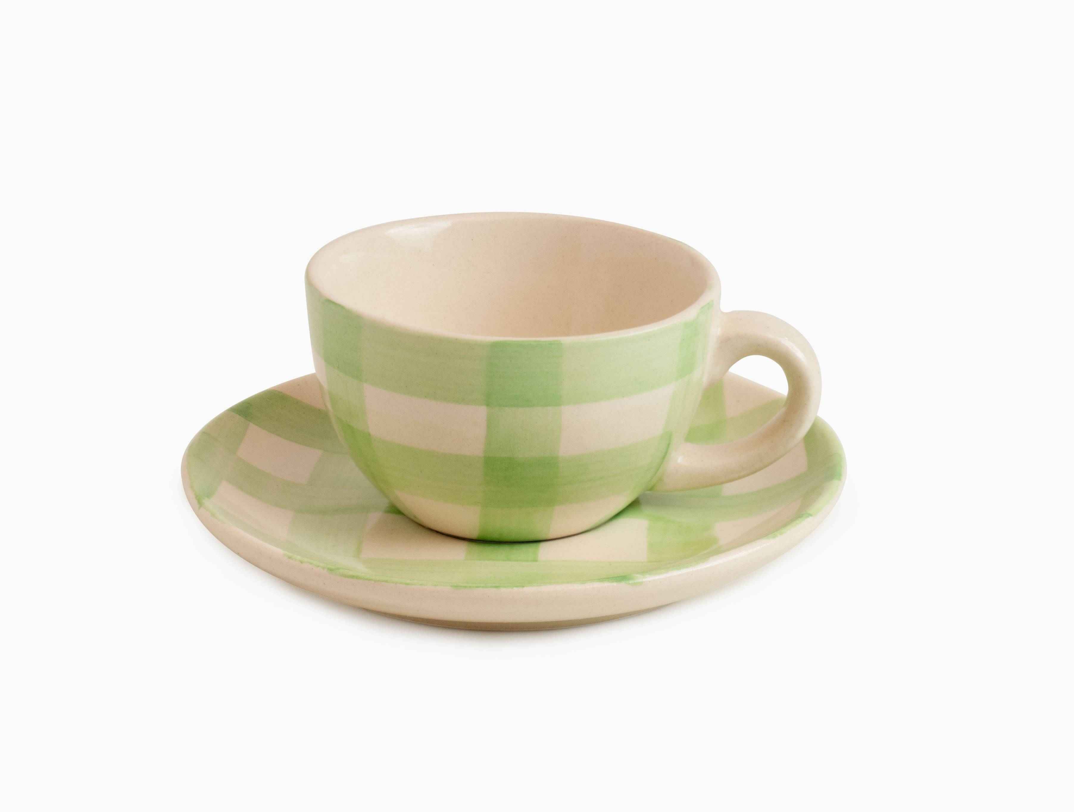 checked-handmade-hand-painted-stoneware-cups-saucers-set-of-4-lively-green
